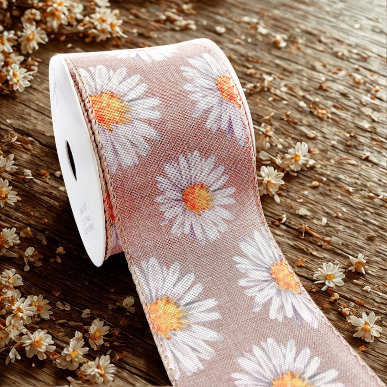 Designer’s Shop Daisy Floral Wired Ribbon- Natural Linen-Look Fabric with White / Yellow Daisies, Spring & Summer Décor , 2.5” x 10 yards WR 63-5230